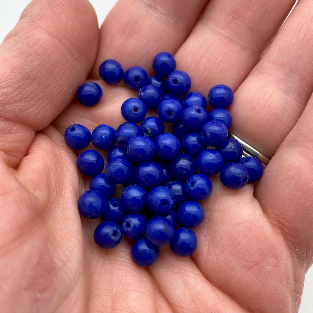 Vintage Opaque Royal Blue Round Czech Glass Beads (6mm) (BCG76)