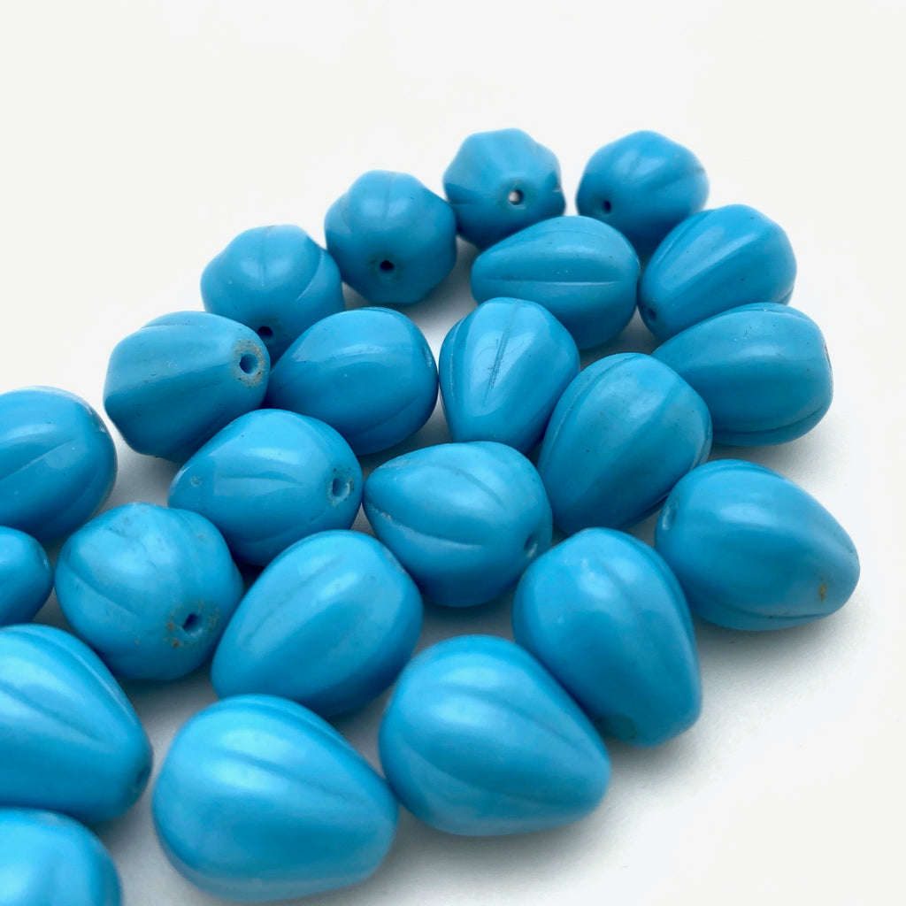 Vintage Opaque Olympic Blue Teardrop Czech Glass Melon Beads (10x13mm) (BCG77)