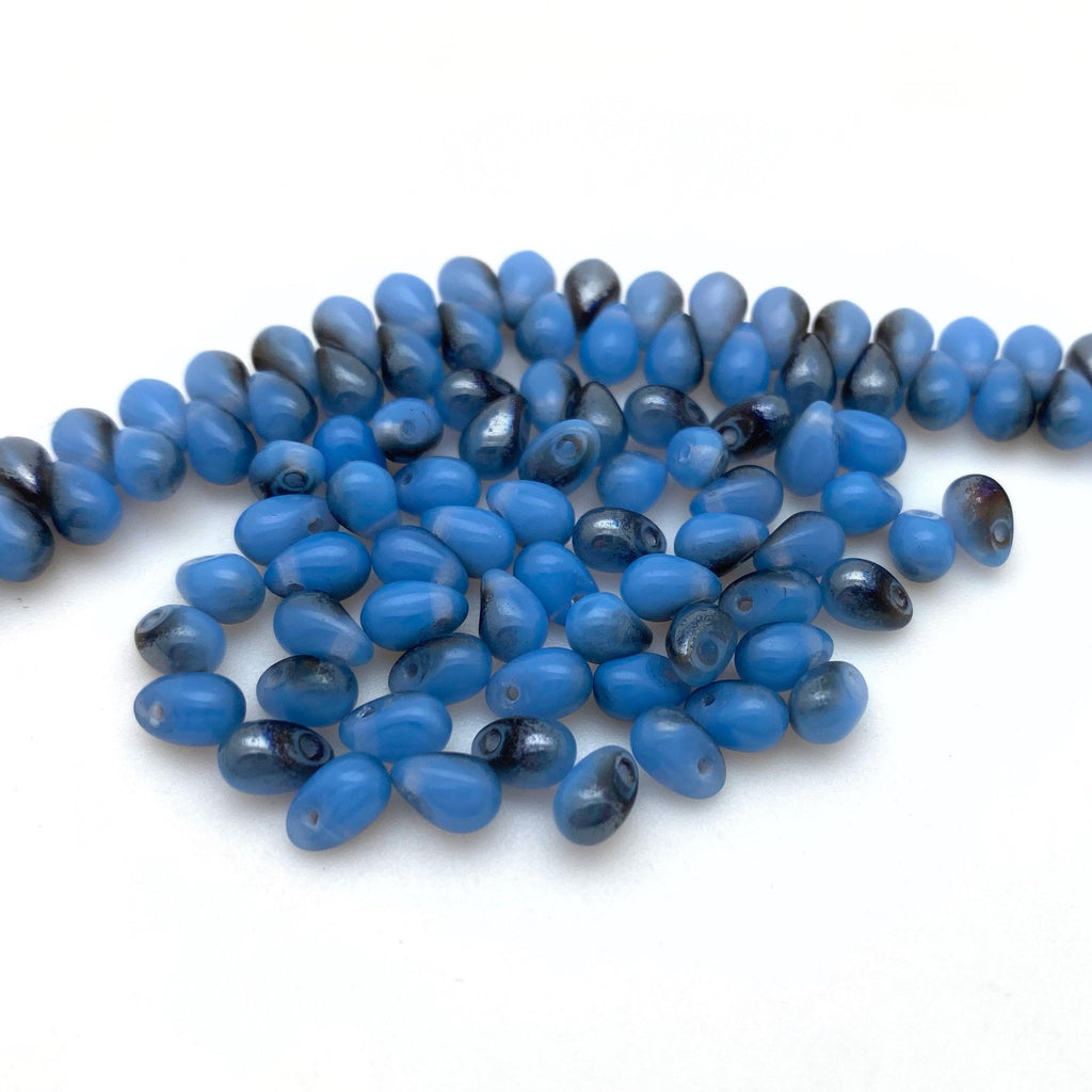 Fire Polished Steel Blue & Gray Teardrop Czech Glass Beads (4x6mm) (BCG80)