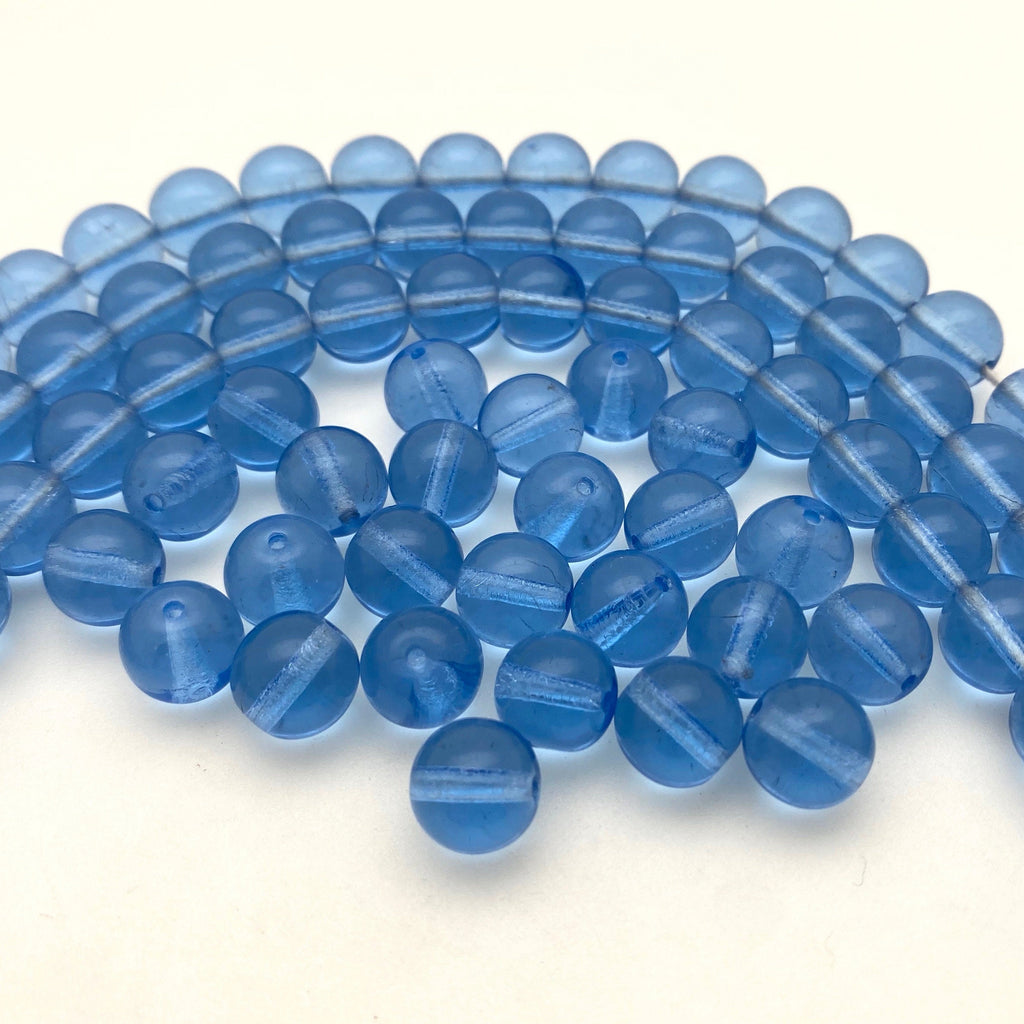 Vintage Translucent Smooth Carolina Blue Round Czech Glass Beads (9mm) (BCG85)