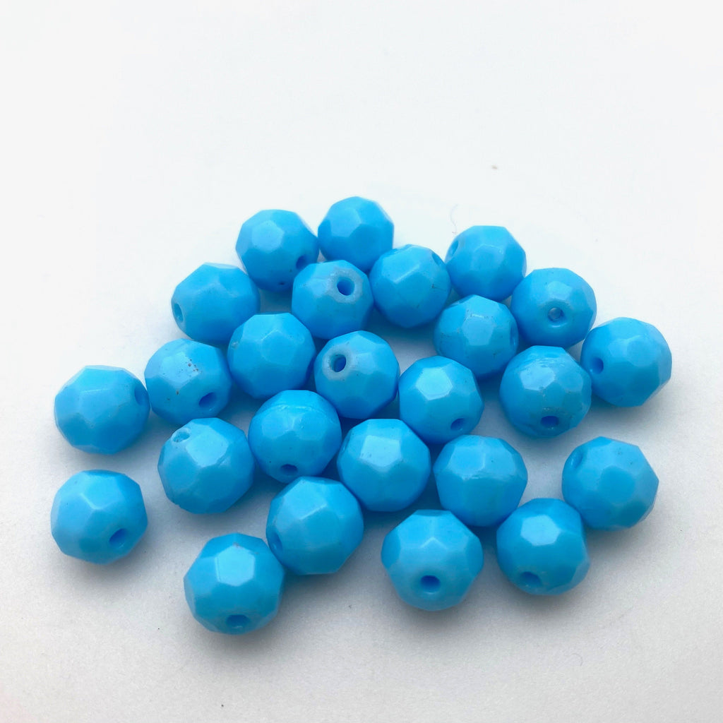 Vintage Opaque Faceted Sky Blue Round Czech Glass Beads (8mm) (BCG94)