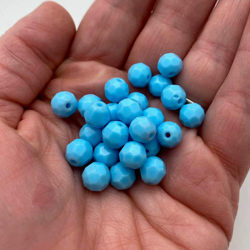 Vintage Opaque Faceted Sky Blue Round Czech Glass Beads (8mm) (BCG94)