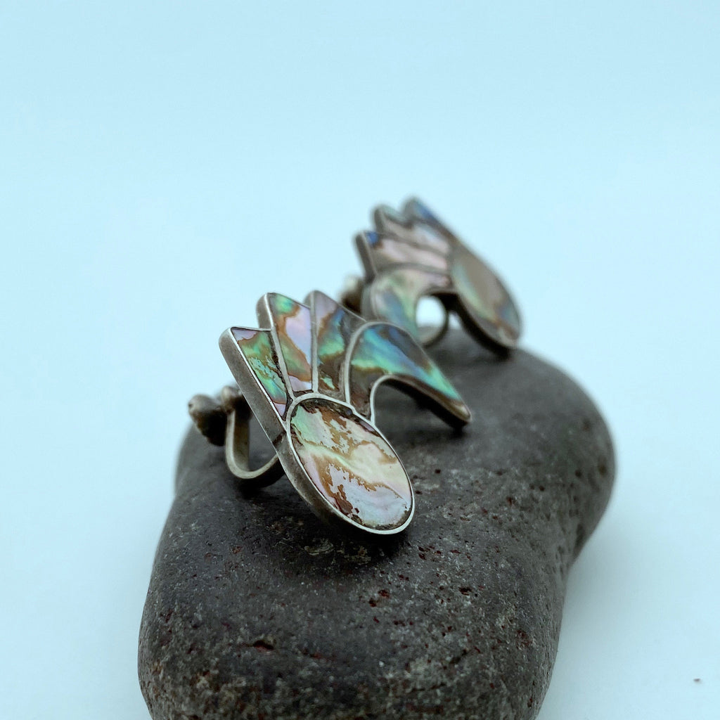 Vintage Sterling Funky Inlay Abalone Shell Mexican Screw Back Earrings (ER76)